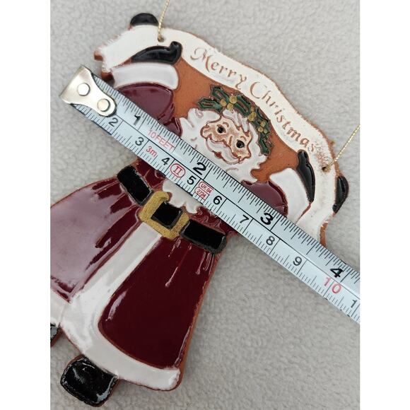 Clay Pottery Christmas Santa Ornament Glazed Red Primitive Banner - Picture 6 of 6